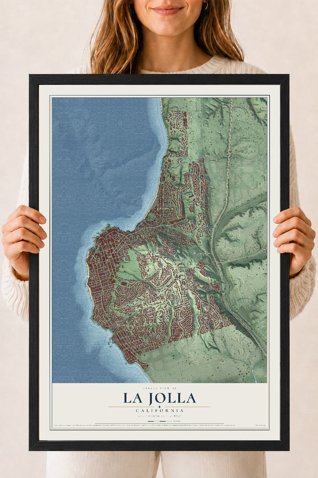 Map of La Jolla, California, 18 x 24 inch print in a black wood frame