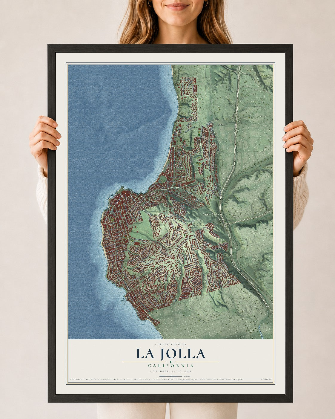 Map of La Jolla, California, 24 x 36 inch print in a black wood frame