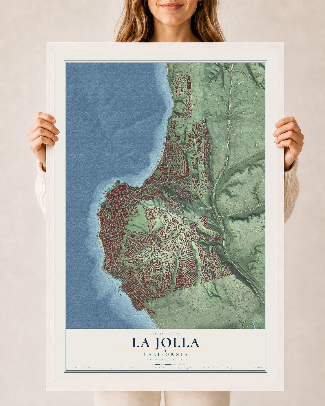 Map of La Jolla, California, 24 x 36 inch print in a white wood frame