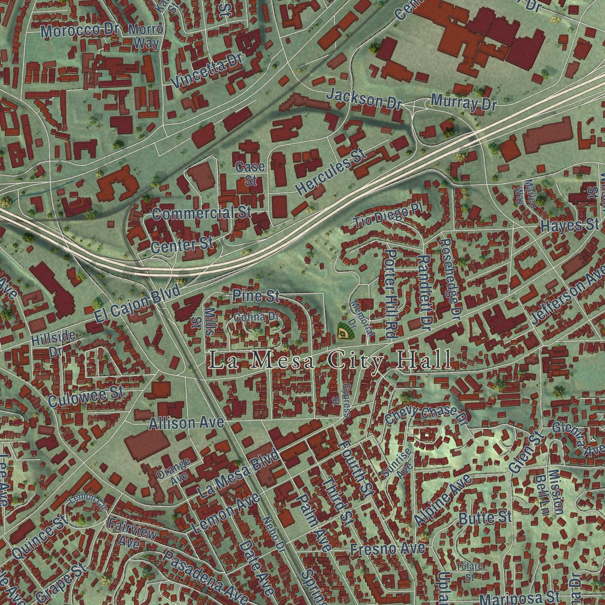 Close-up of the map of La Mesa, California print showing street and building detail