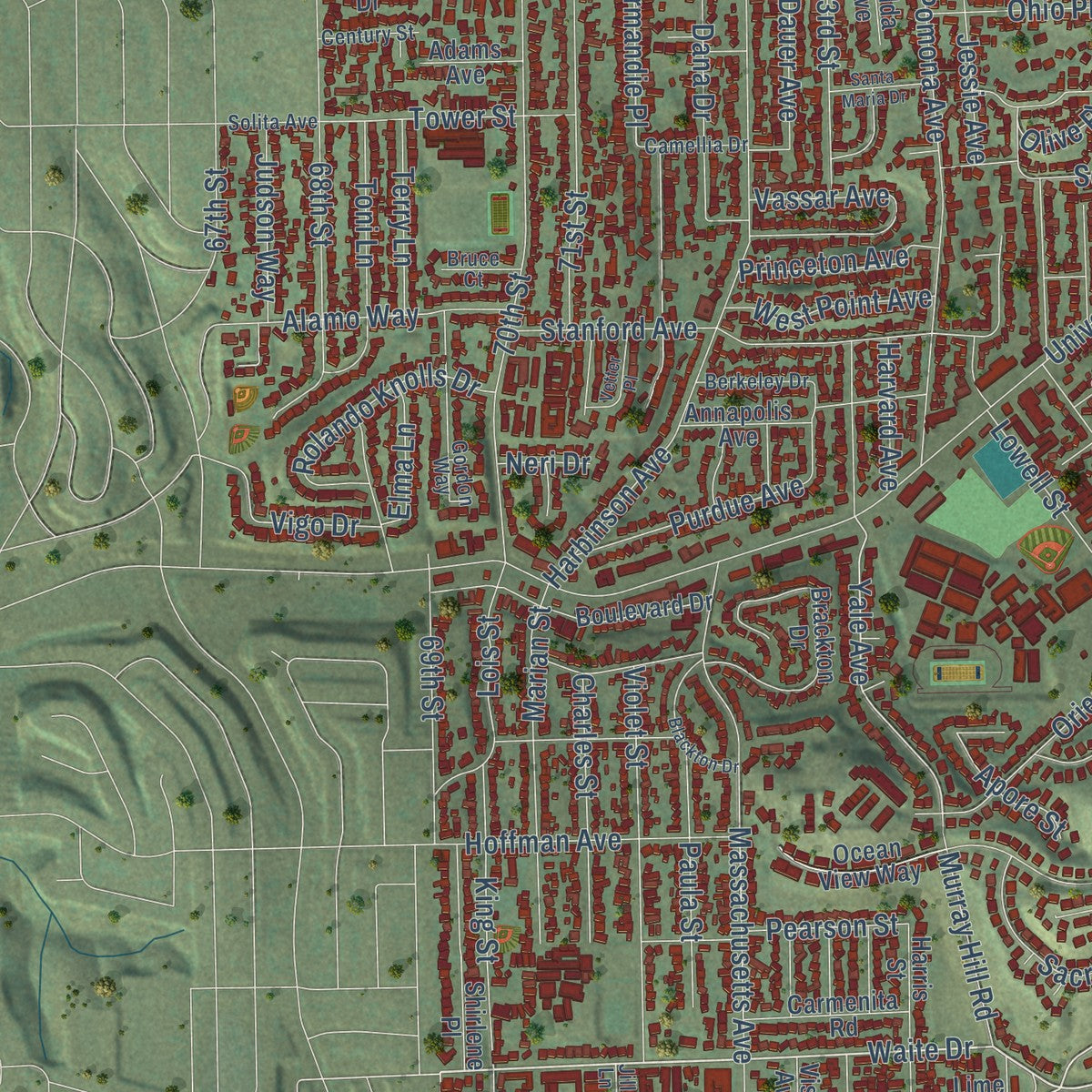 Second close-up of the map of La Mesa, California print showing more streets and buildings