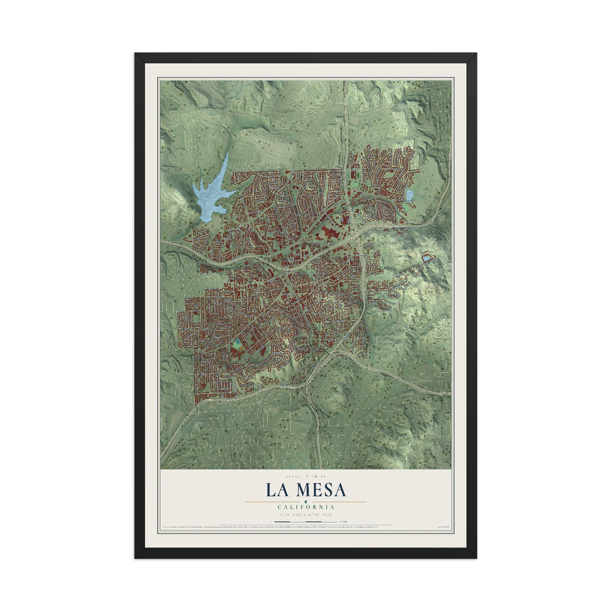 Map of La Mesa, California, 12 x 18 inch print in a black wood frame