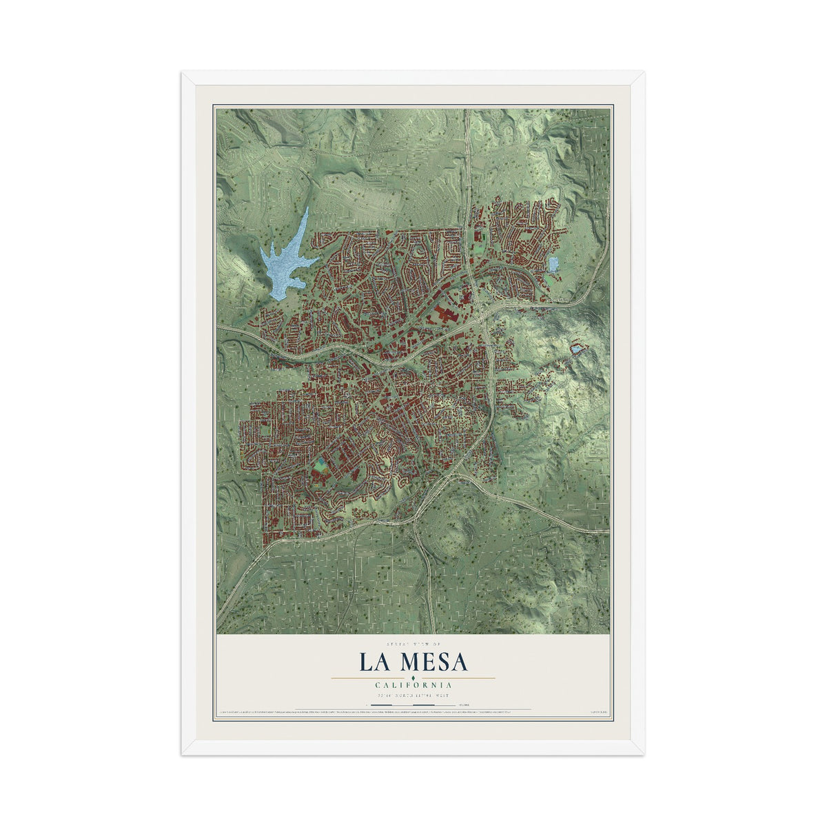 Map of La Mesa, California, 12 x 18 inch print in a white wood frame