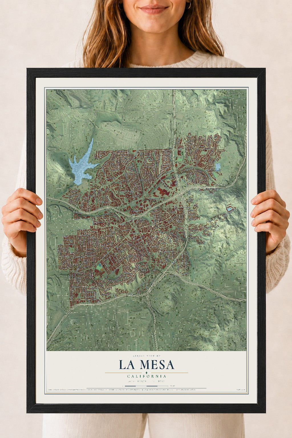Map of La Mesa, California, 18 x 24 inch print in a black wood frame