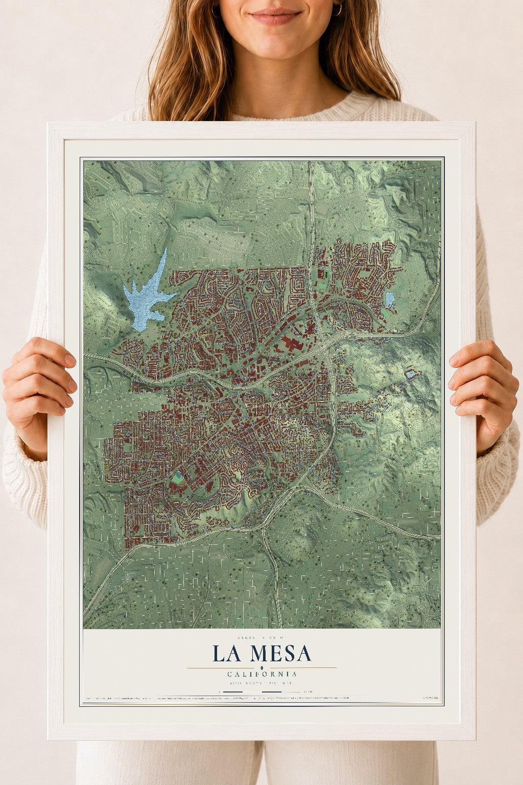 Map of La Mesa, California, 18 x 24 inch print in a white wood frame