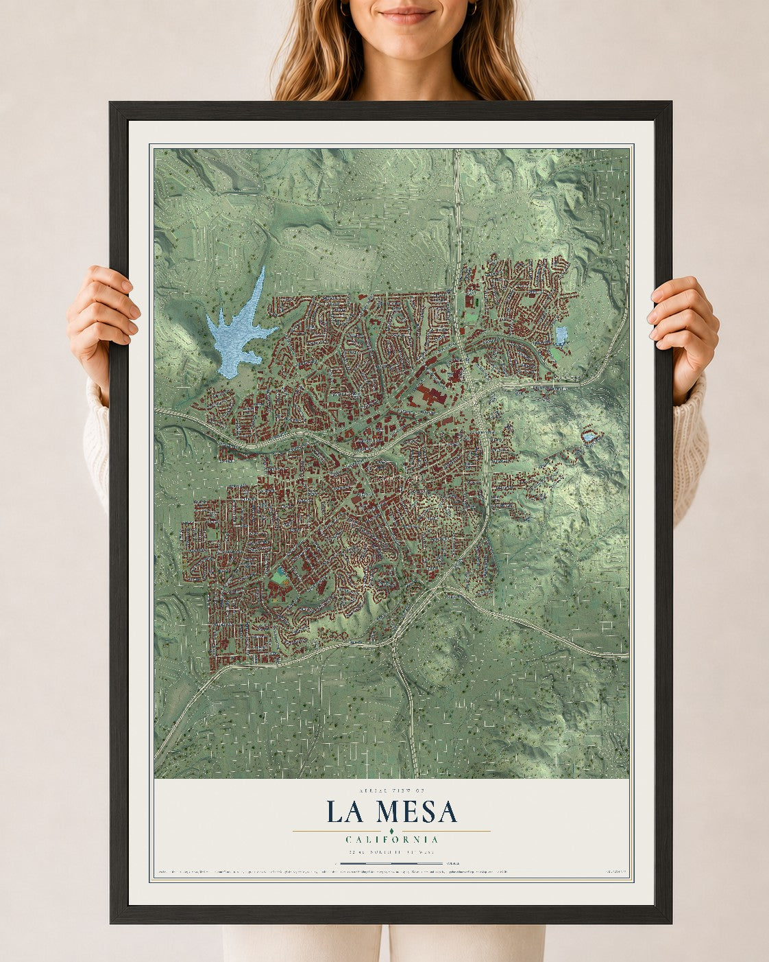 Map of La Mesa, California, 24 x 36 inch print in a black wood frame