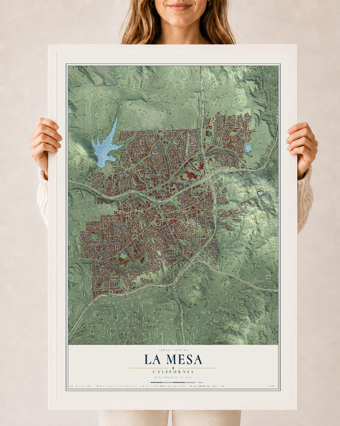 Map of La Mesa, California, 24 x 36 inch print in a white wood frame