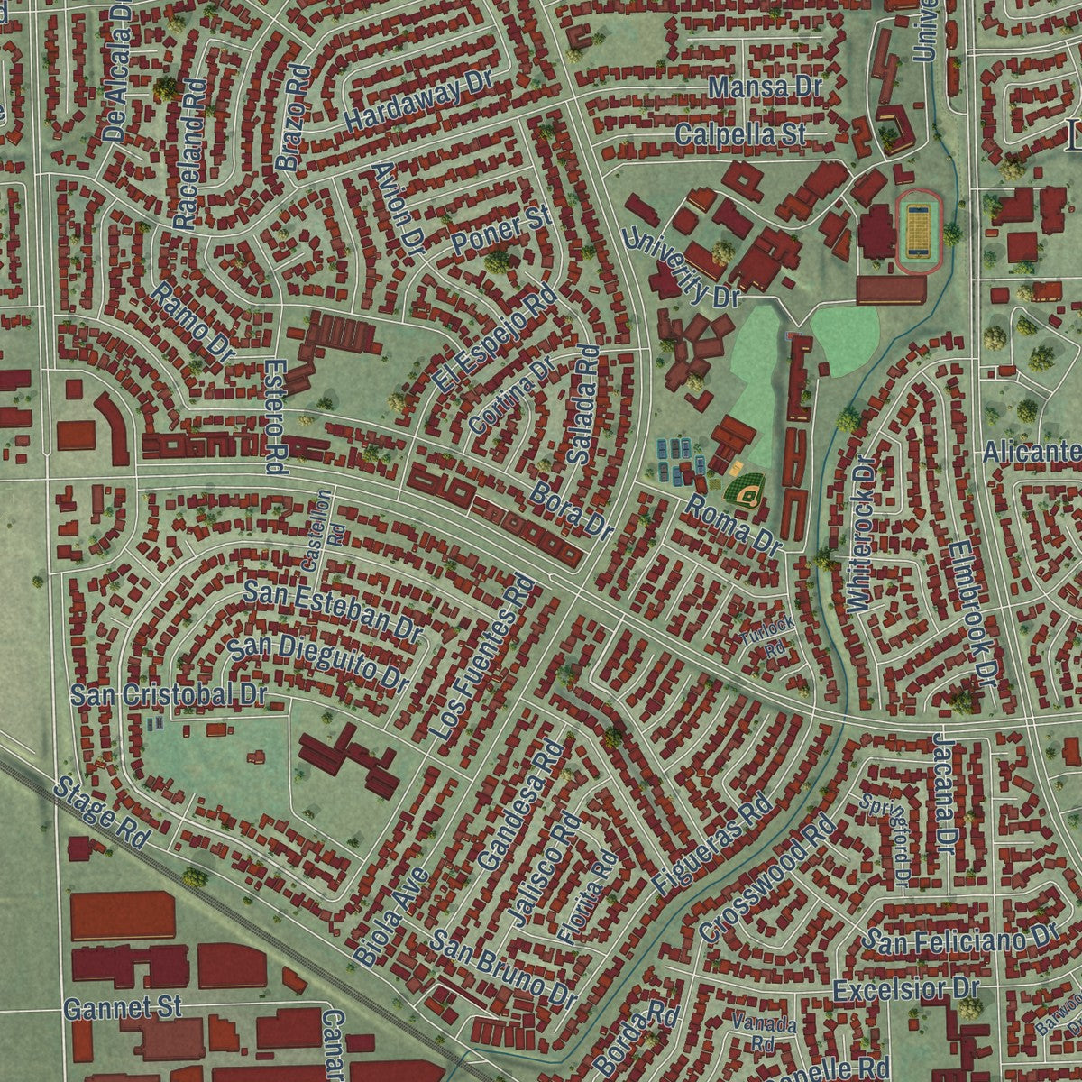 Close-up of the map of La Mirada, California print showing street and building detail