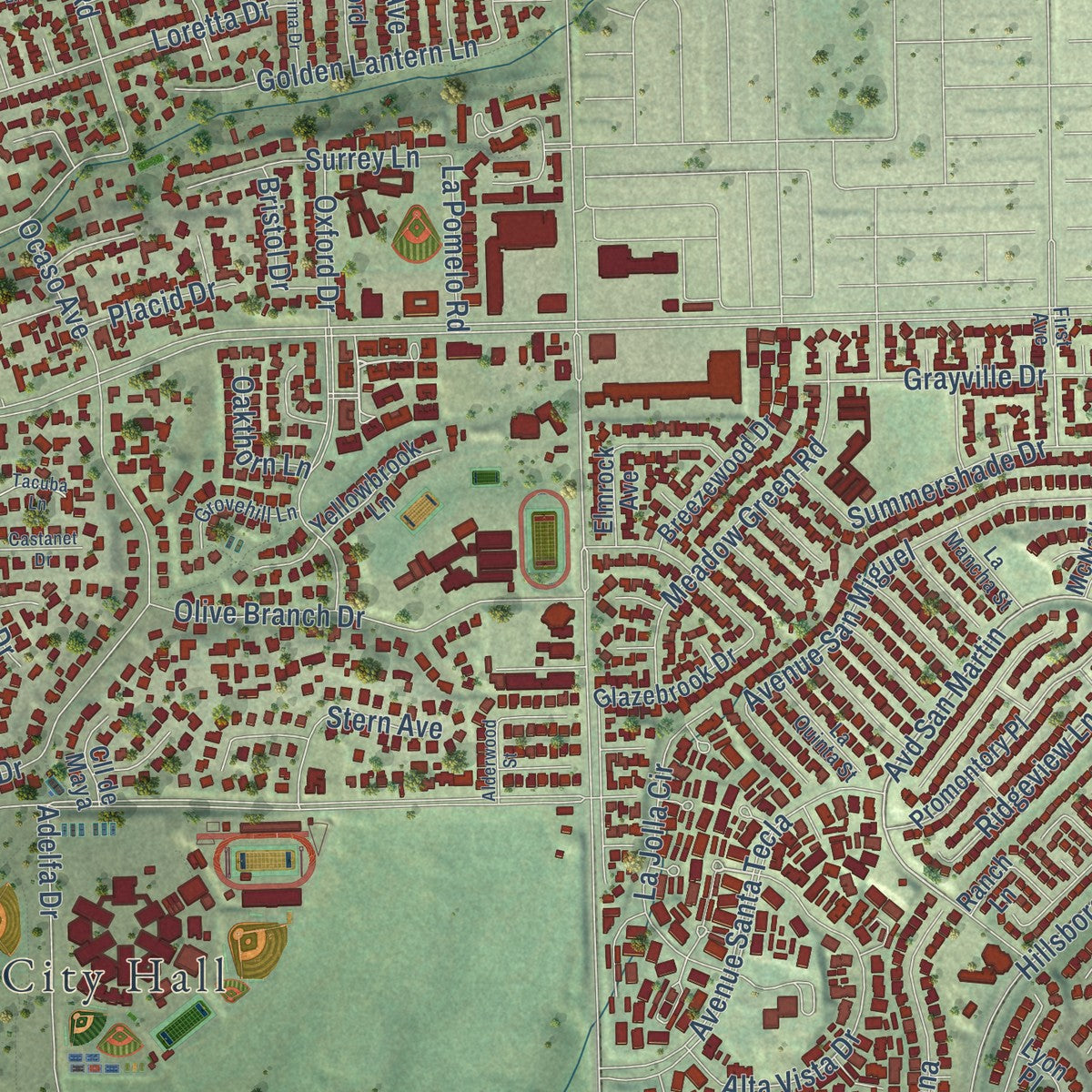 Second close-up of the map of La Mirada, California print showing more streets and buildings