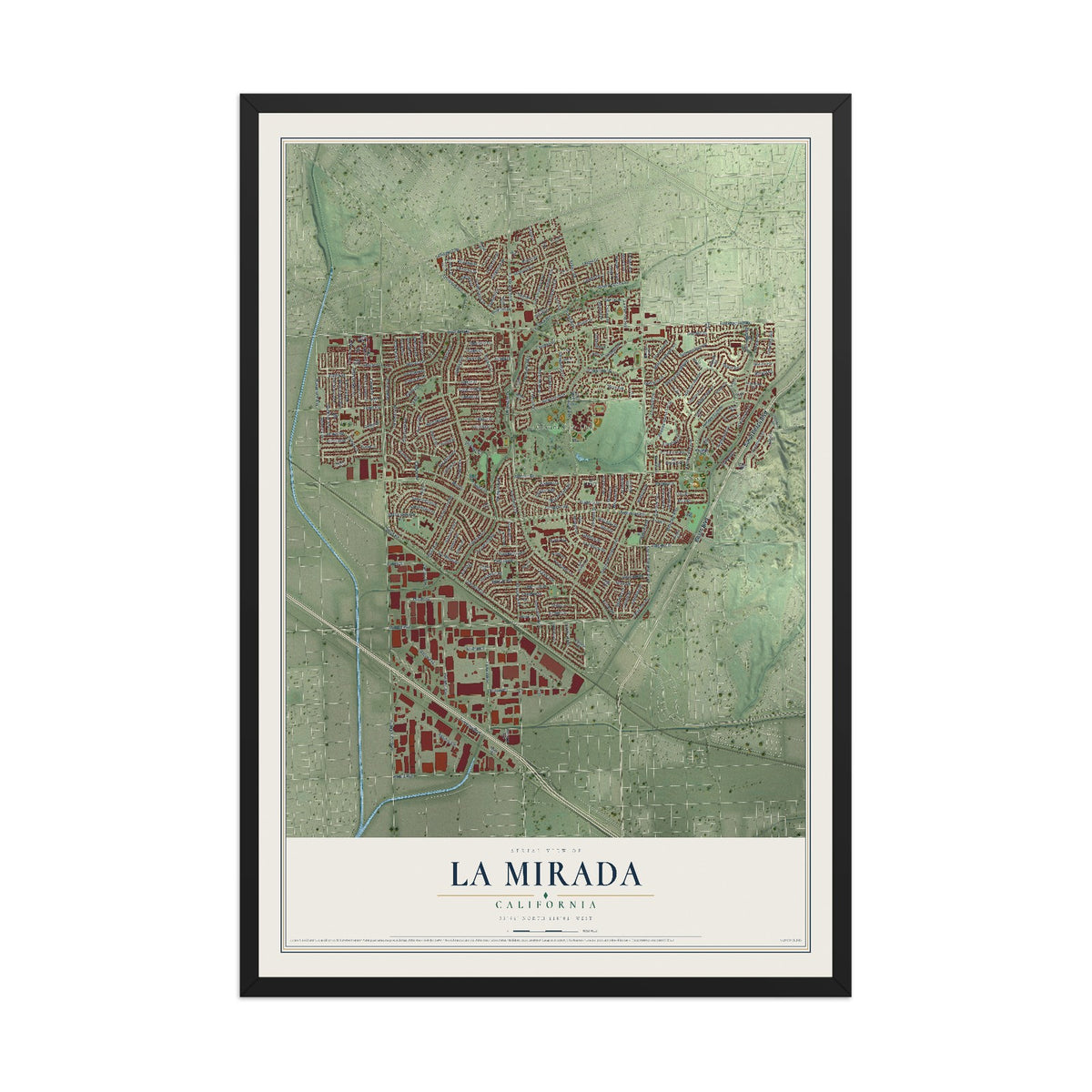 Map of La Mirada, California, 12 x 18 inch print in a black wood frame