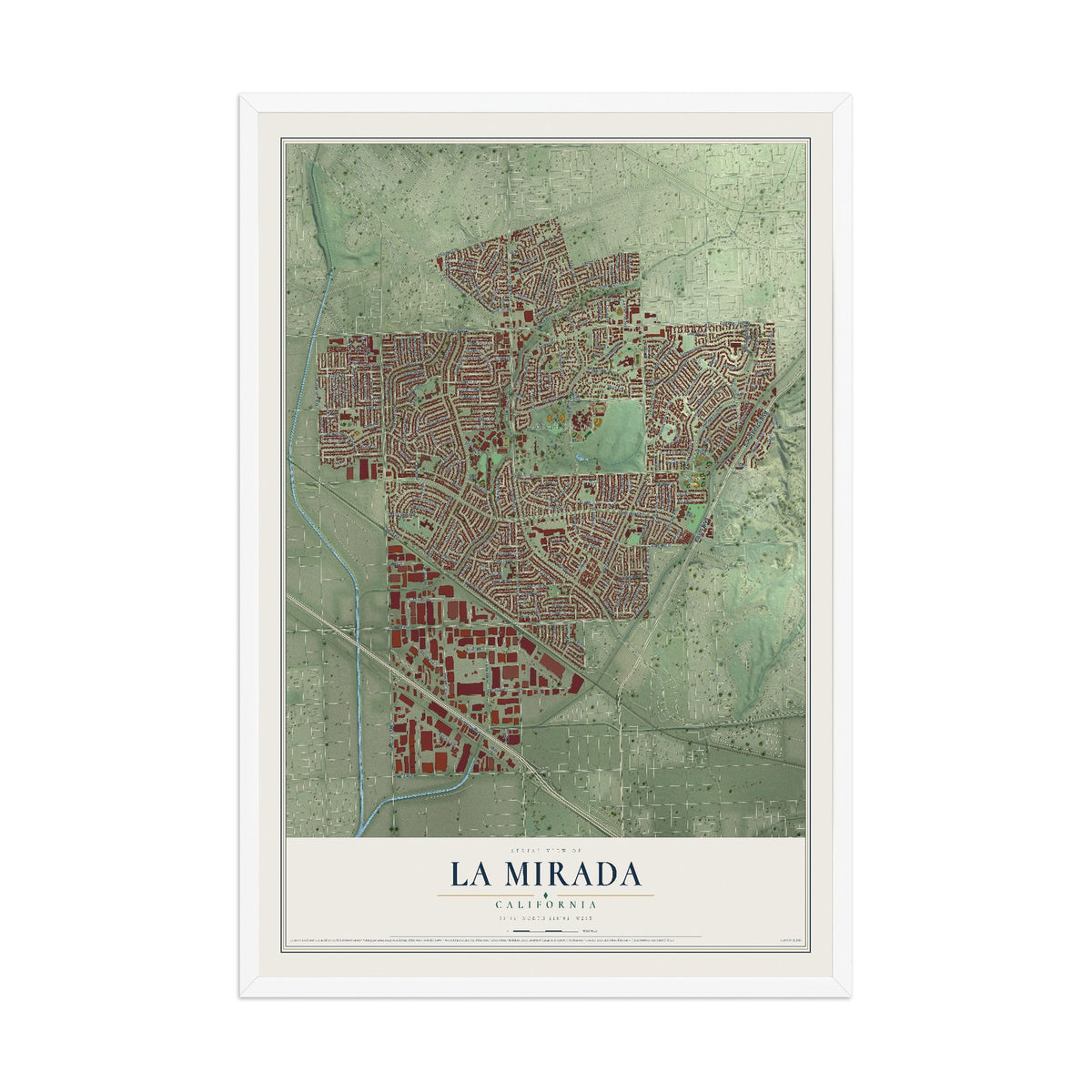 Map of La Mirada, California, 12 x 18 inch print in a white wood frame