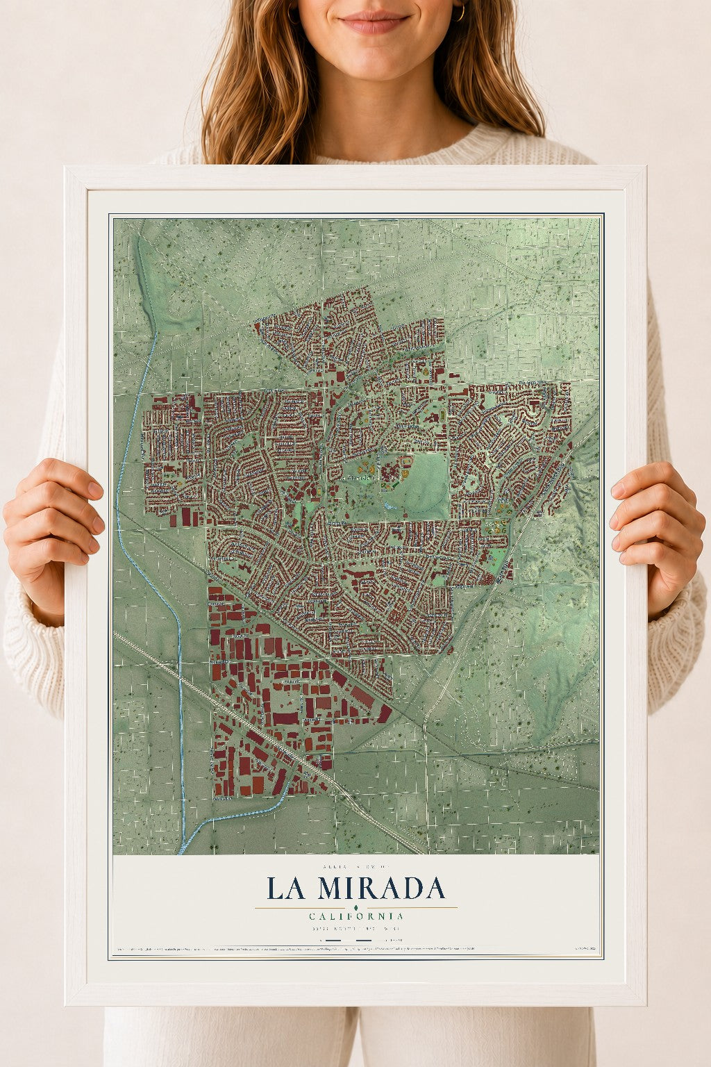 Map of La Mirada, California, 18 x 24 inch print in a white wood frame