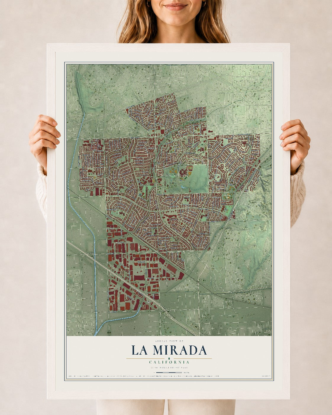 Map of La Mirada, California, 24 x 36 inch print in a white wood frame