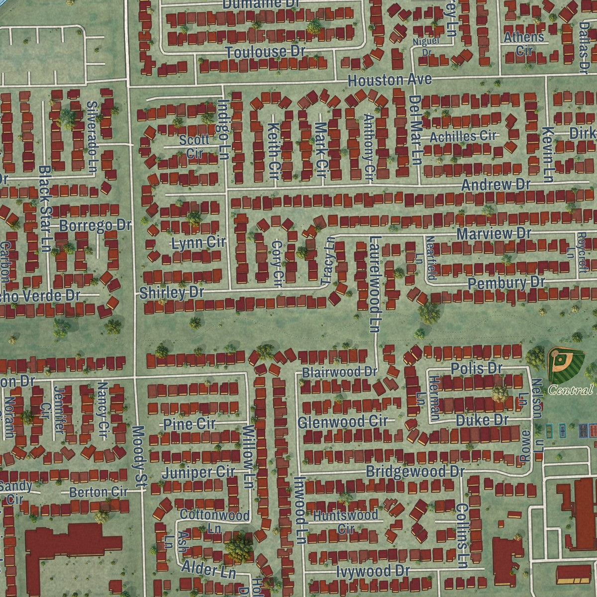 Close-up of the map of La Palma, California print showing street and building detail