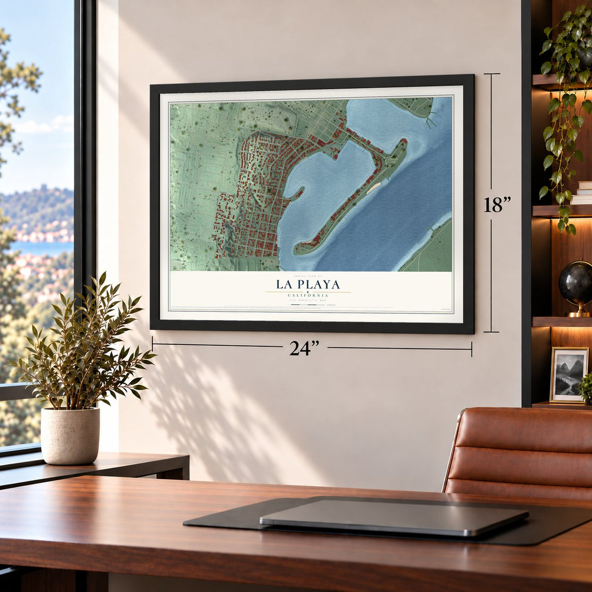 La Playa, California map, 18 x 24 inch print in a black frame in a home office