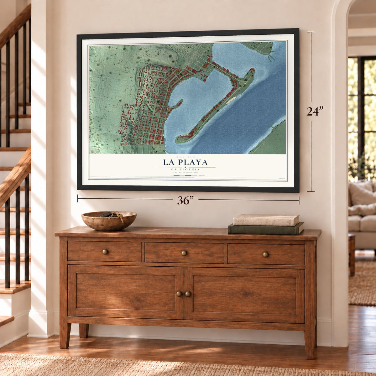 La Playa, California map, 24 x 36 inch print in a black frame above a dresser by a staircase