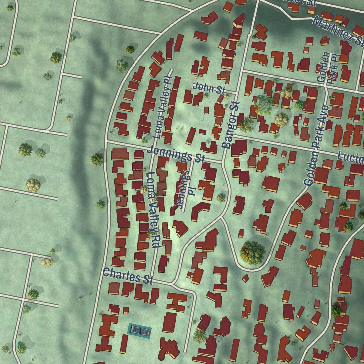 Close-up of the map of La Playa, California print showing street and building detail