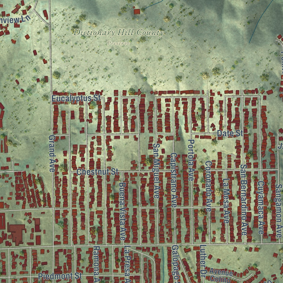Close-up of the map of La Presa, California print showing street and building detail