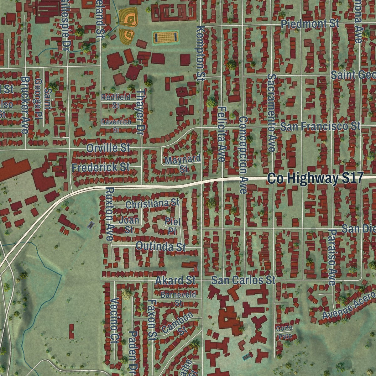 Second close-up of the map of La Presa, California print showing more streets and buildings