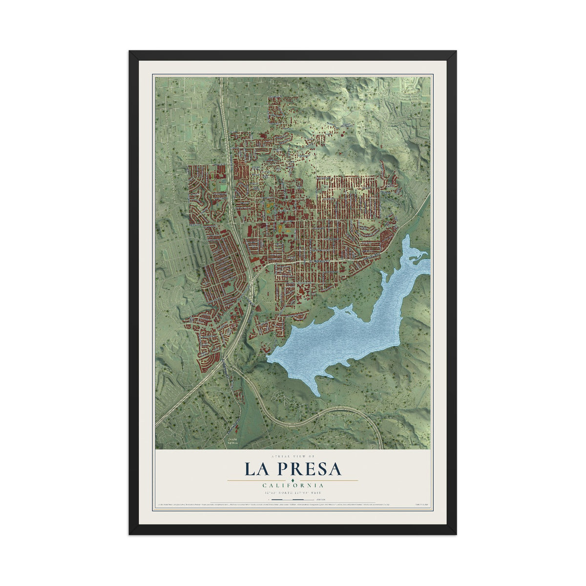 Map of La Presa, California, 12 x 18 inch print in a black wood frame