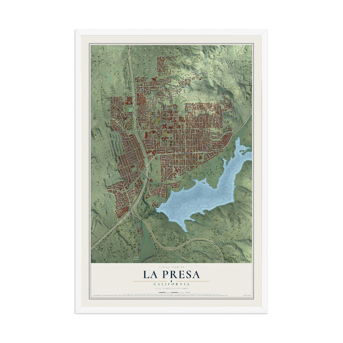 Map of La Presa, California, 12 x 18 inch print in a white wood frame