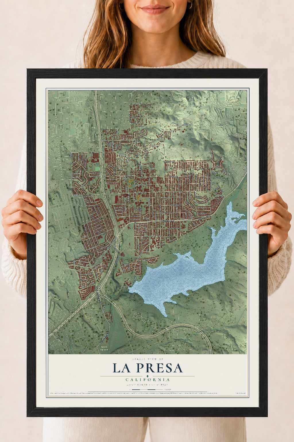 Map of La Presa, California, 18 x 24 inch print in a black wood frame