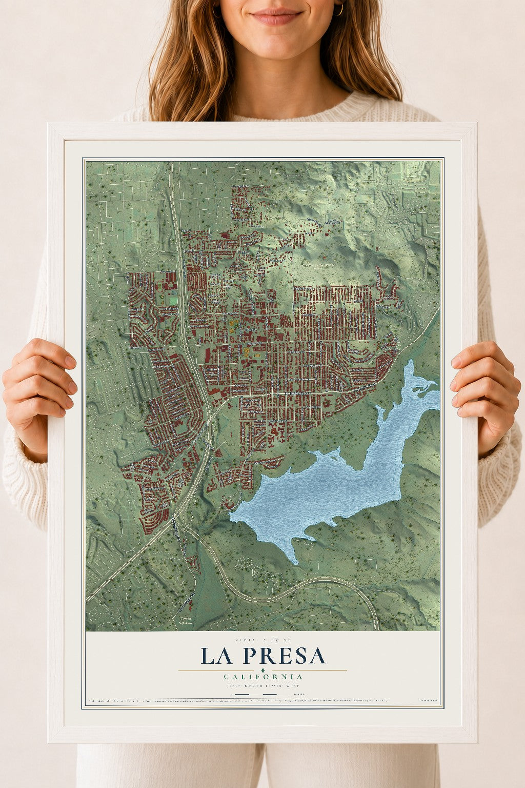 Map of La Presa, California, 18 x 24 inch print in a white wood frame