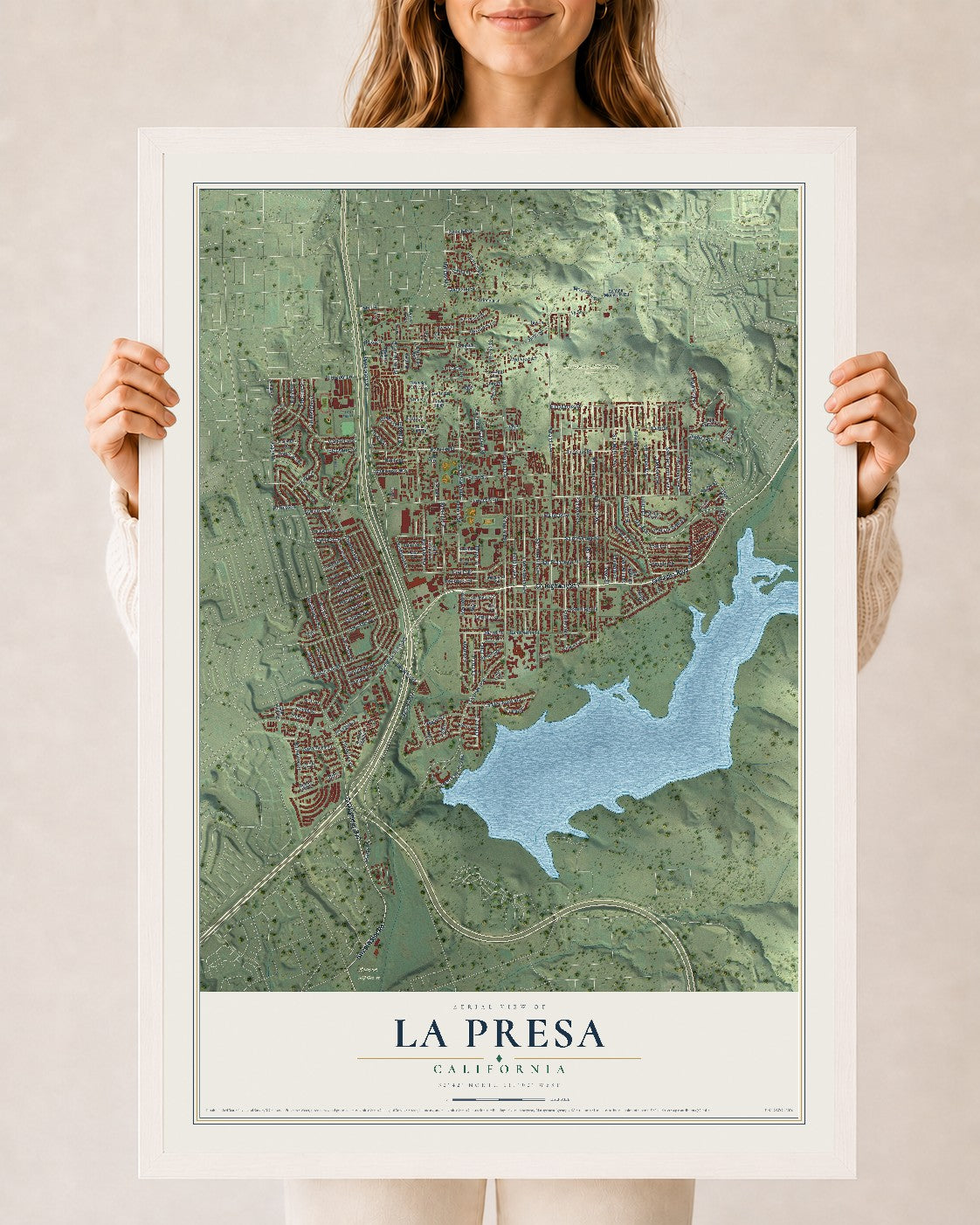 Map of La Presa, California, 24 x 36 inch print in a white wood frame