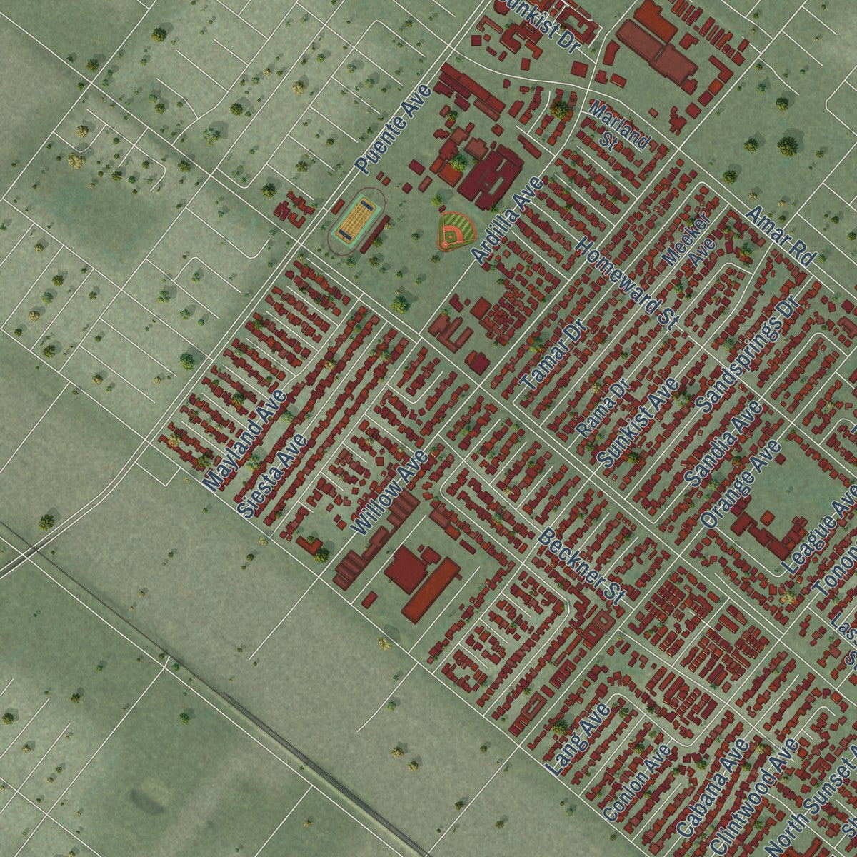 Second close-up of the map of La Puente, California print showing more streets and buildings