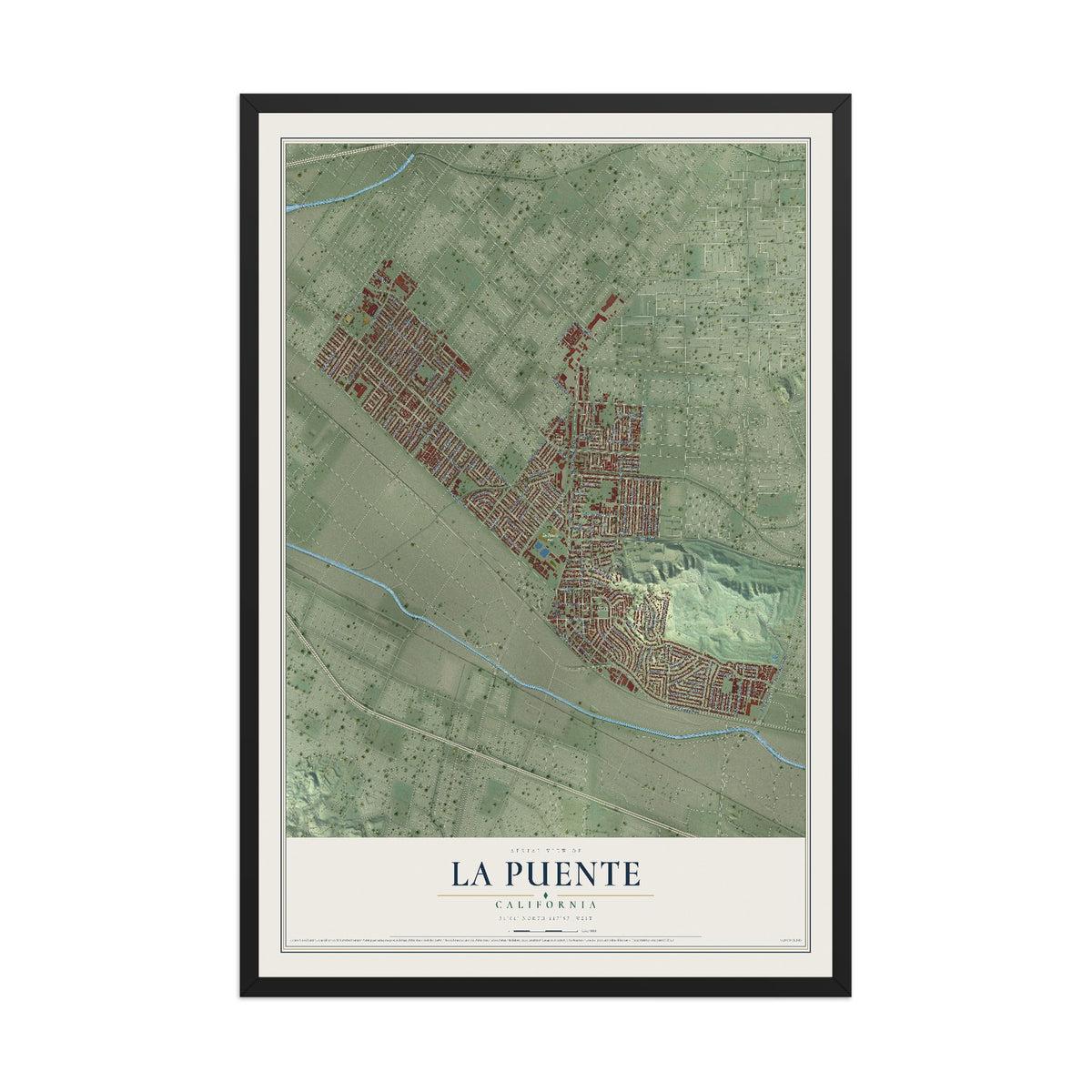 Map of La Puente, California, 12 x 18 inch print in a black wood frame