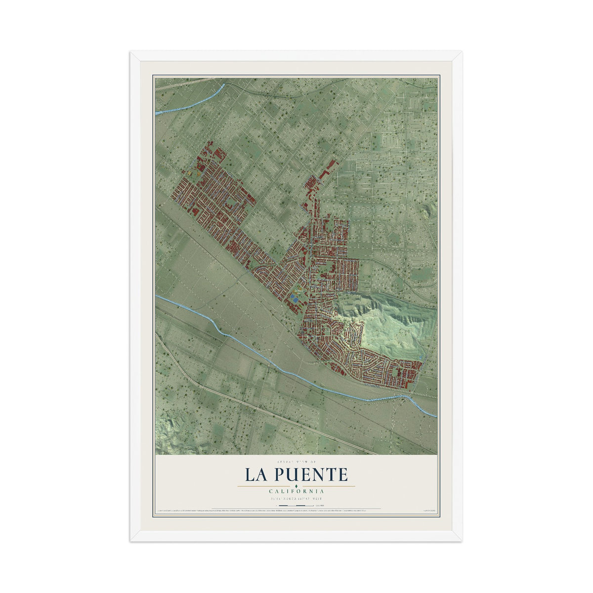Map of La Puente, California, 12 x 18 inch print in a white wood frame