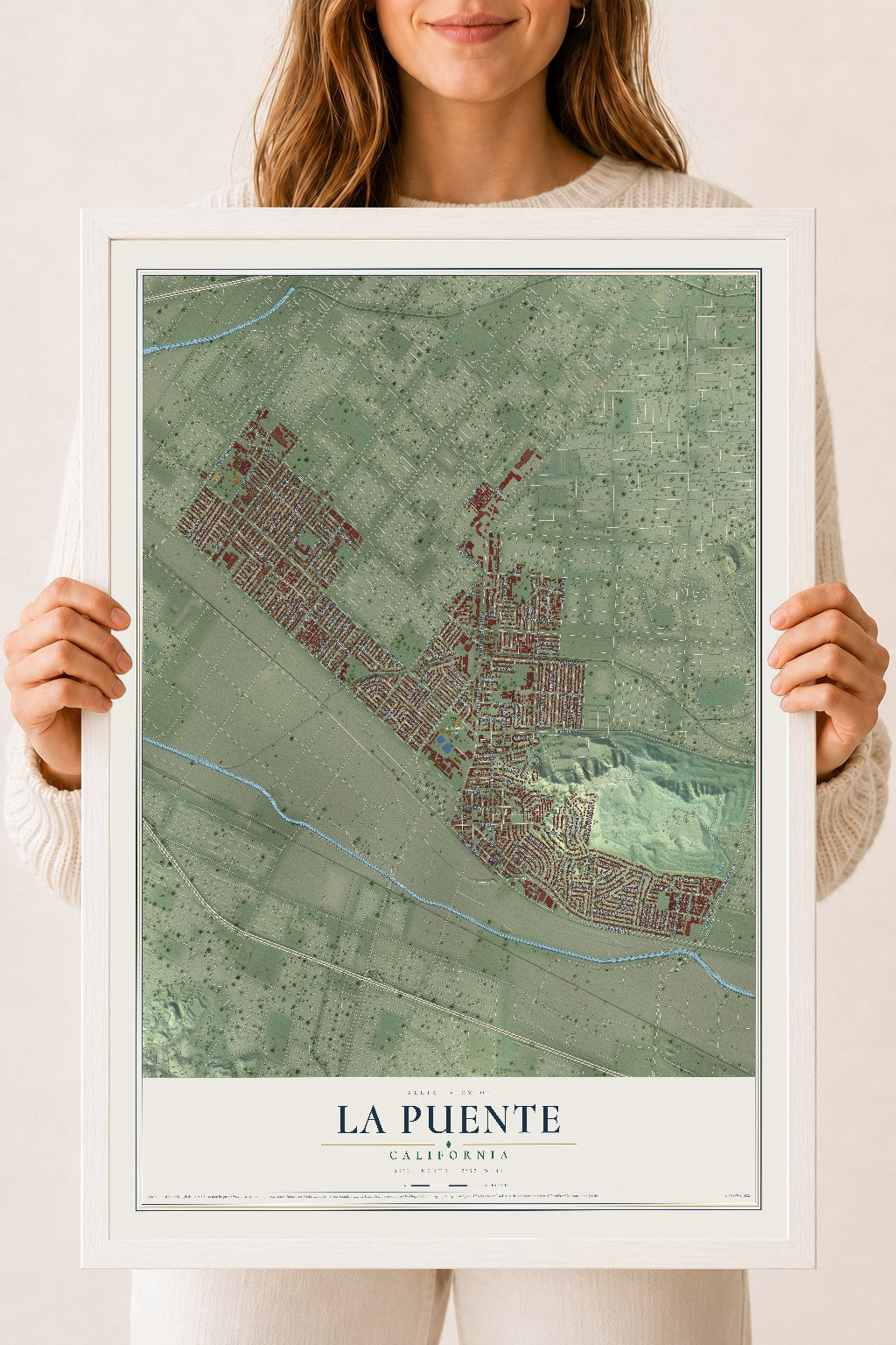 Map of La Puente, California, 18 x 24 inch print in a white wood frame