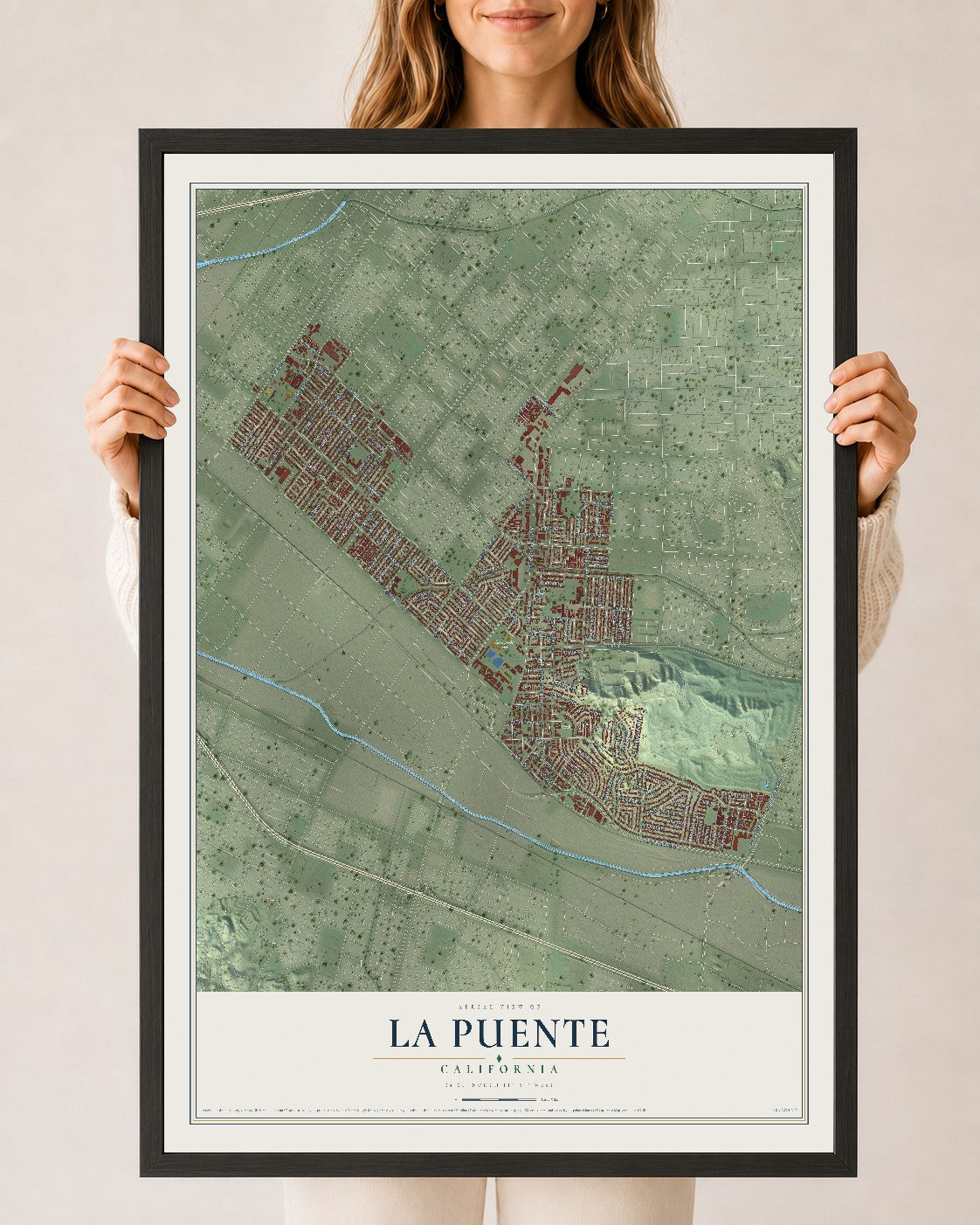 Map of La Puente, California, 24 x 36 inch print in a black wood frame