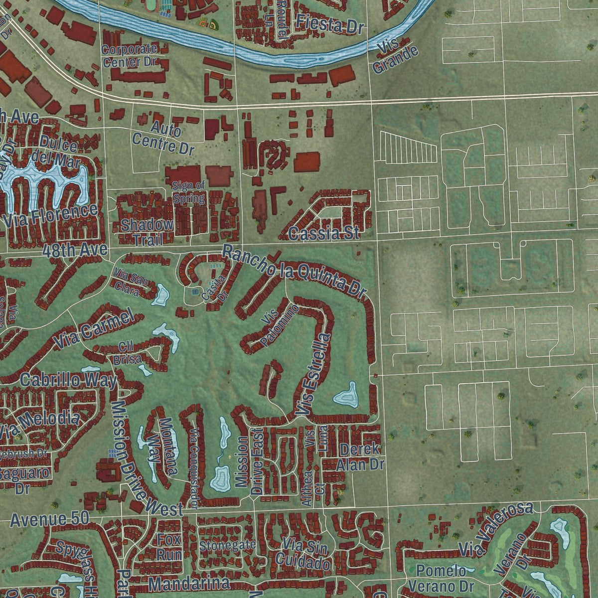 Second close-up of the map of La Quinta, California print showing more streets and buildings