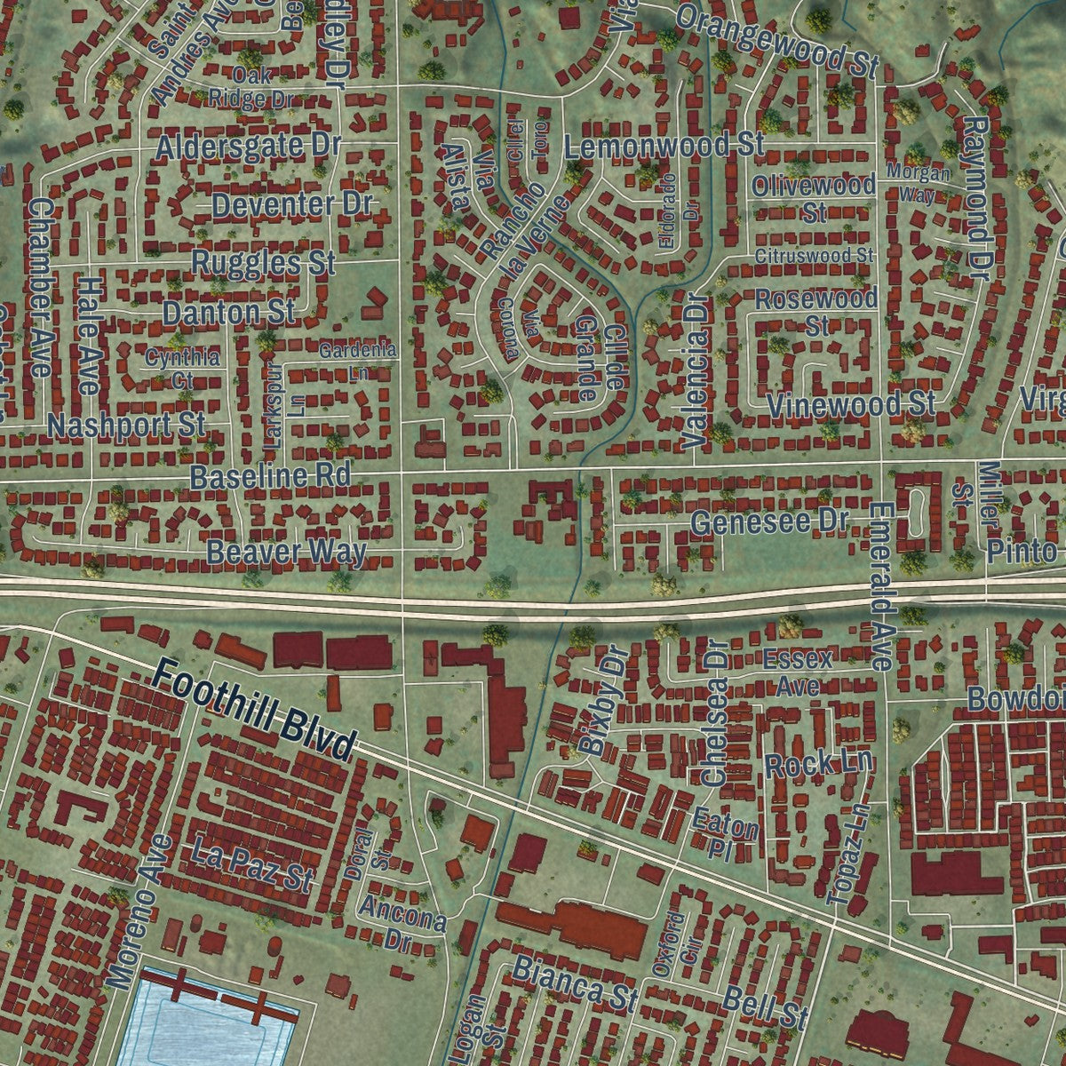 Close-up of the map of La Verne, California print showing street and building detail