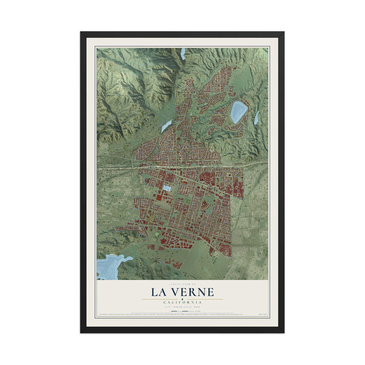 Map of La Verne, California, 12 x 18 inch print in a black wood frame