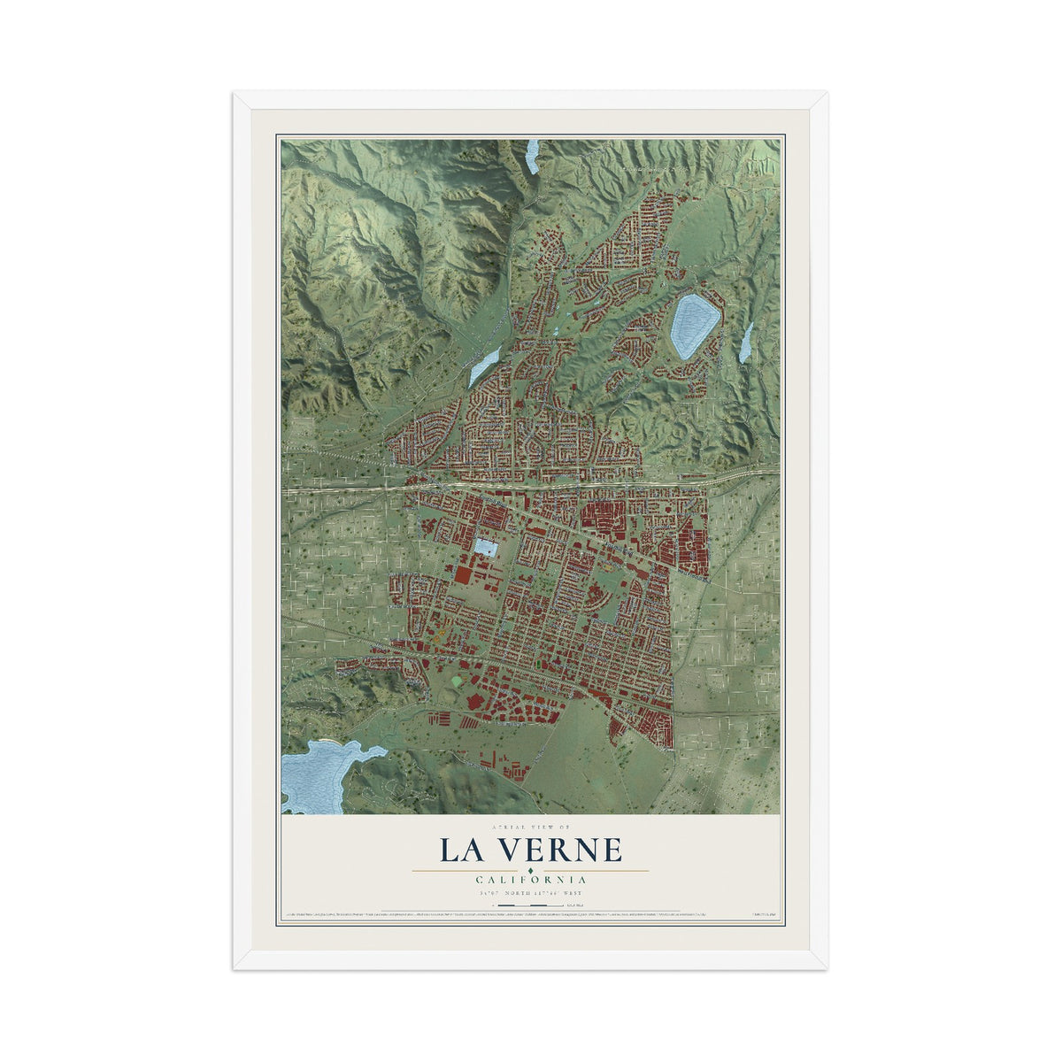 Map of La Verne, California, 12 x 18 inch print in a white wood frame