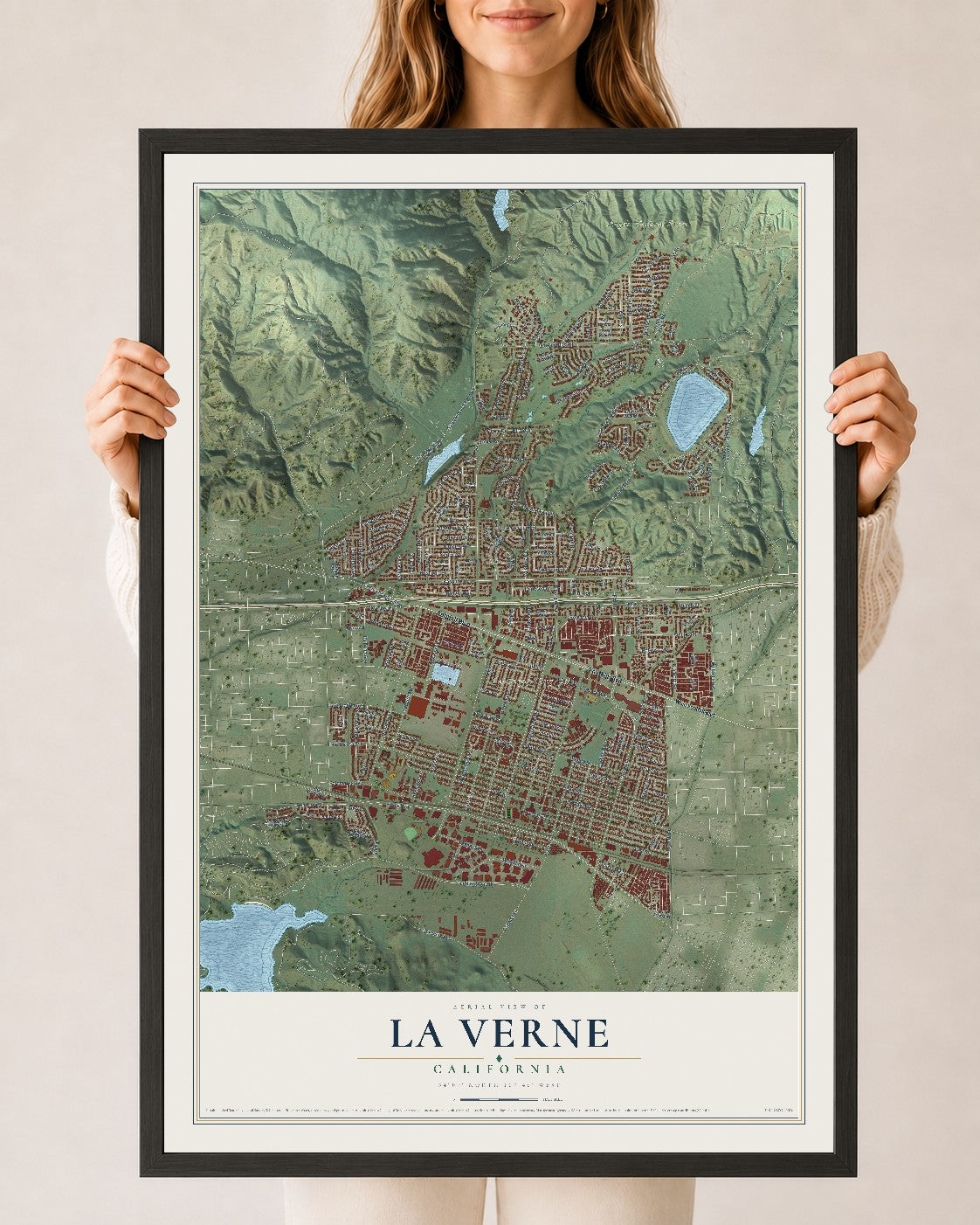 Map of La Verne, California, 24 x 36 inch print in a black wood frame