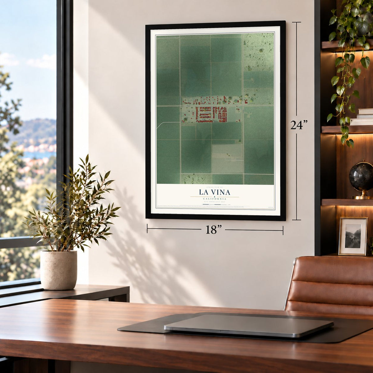 La Vina, California map, 18 x 24 inch print in a black frame in a home office