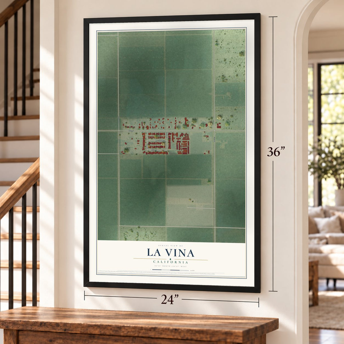 La Vina, California map, 24 x 36 inch print in a black frame by a staircase