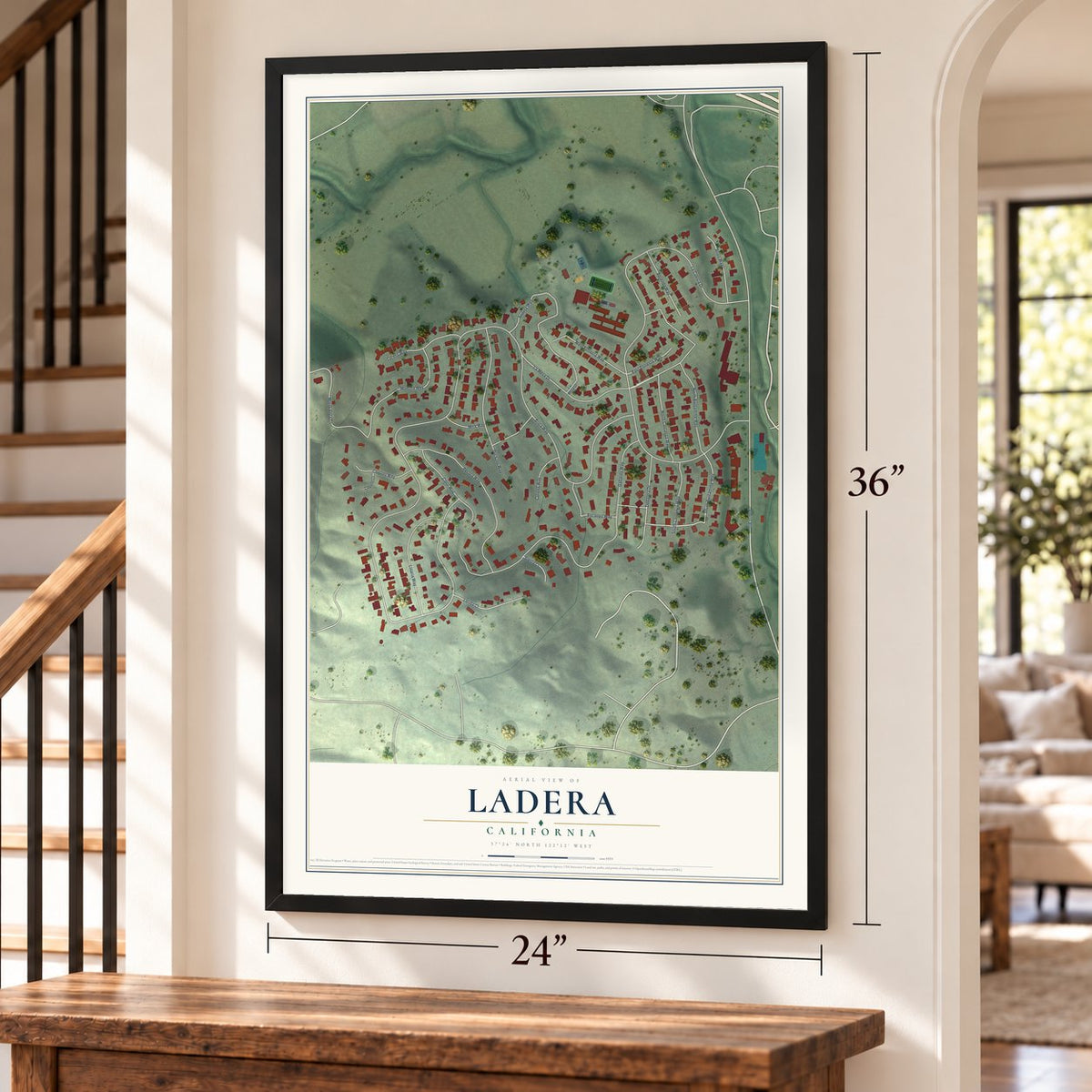 Ladera, California map, 24 x 36 inch print in a black frame by a staircase
