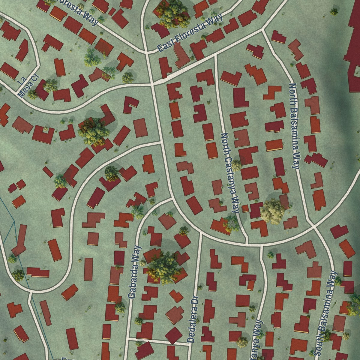 Close-up of the map of Ladera, California print showing street and building detail