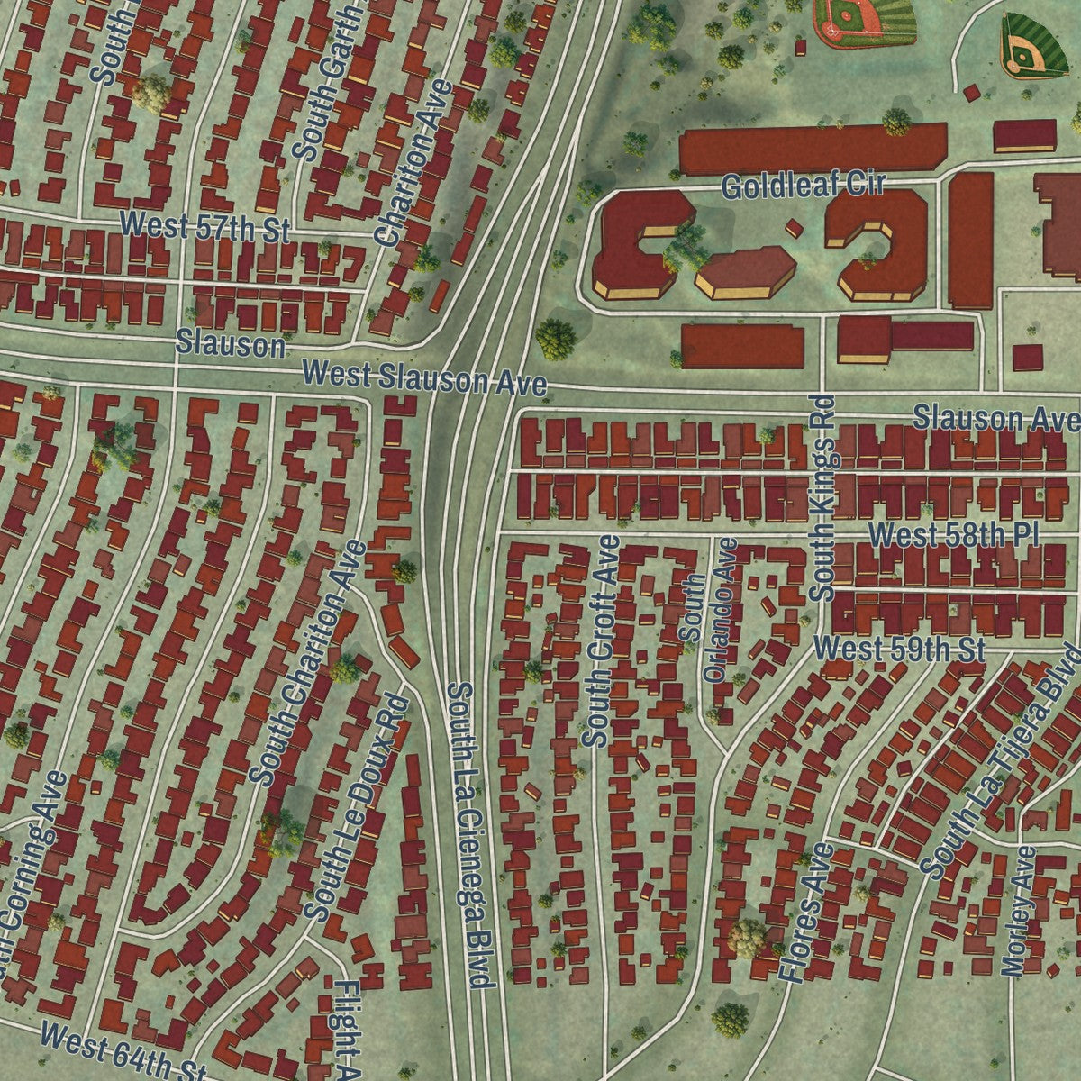 Close-up of the map of Ladera Heights, California print showing street and building detail