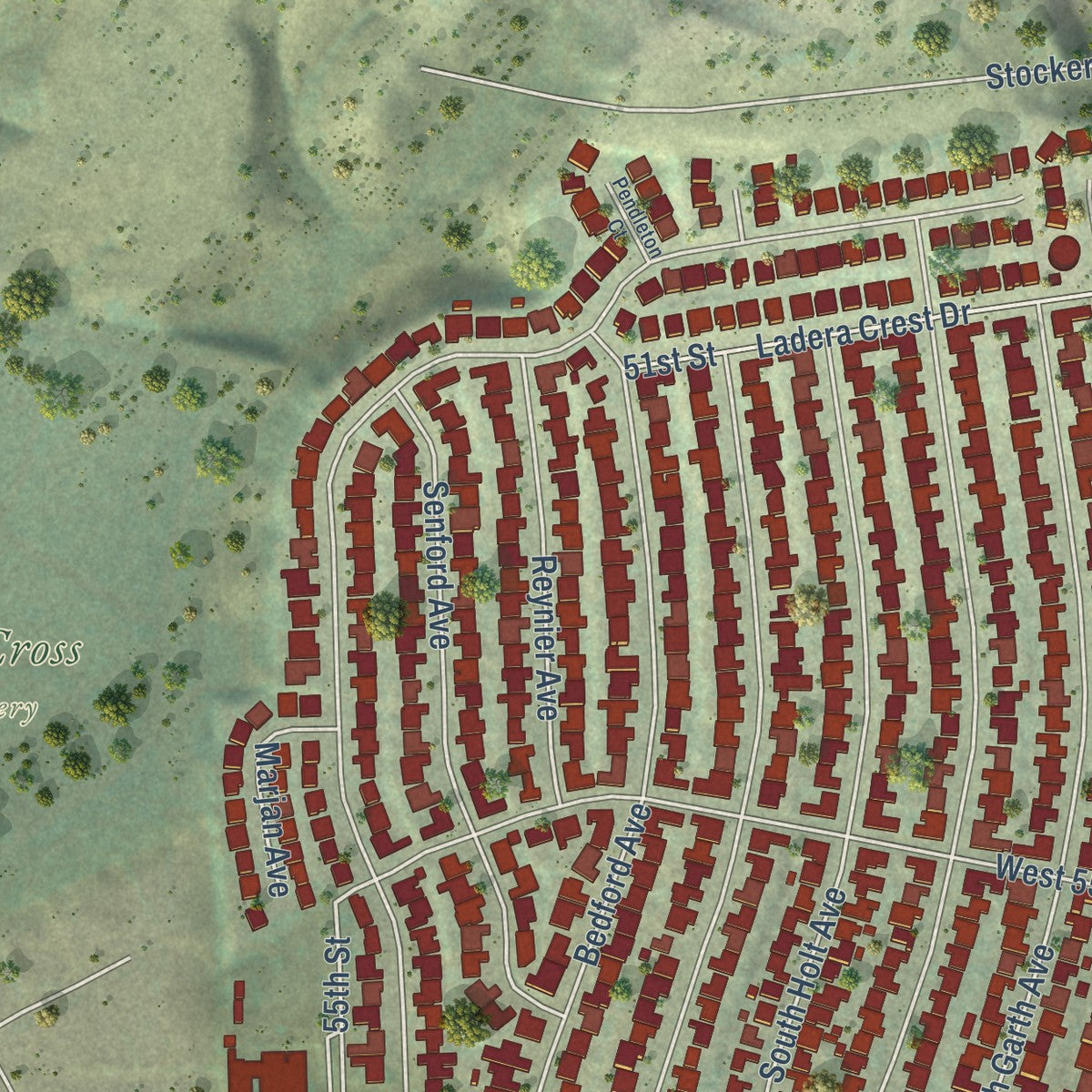 Second close-up of the map of Ladera Heights, California print showing more streets and buildings