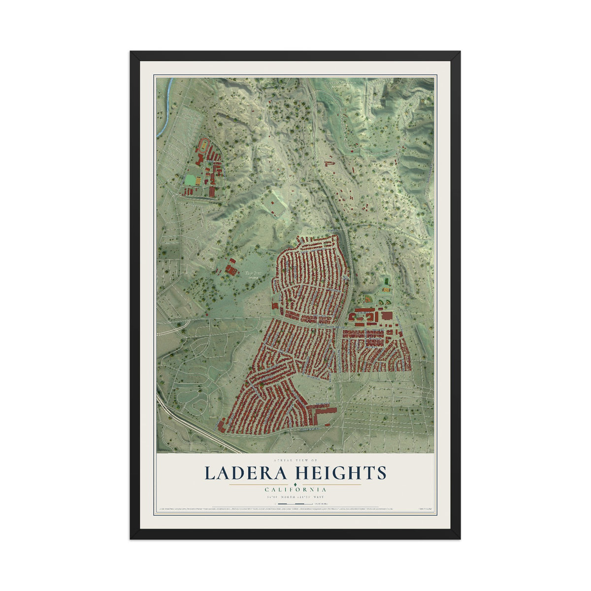 Map of Ladera Heights, California, 12 x 18 inch print in a black wood frame
