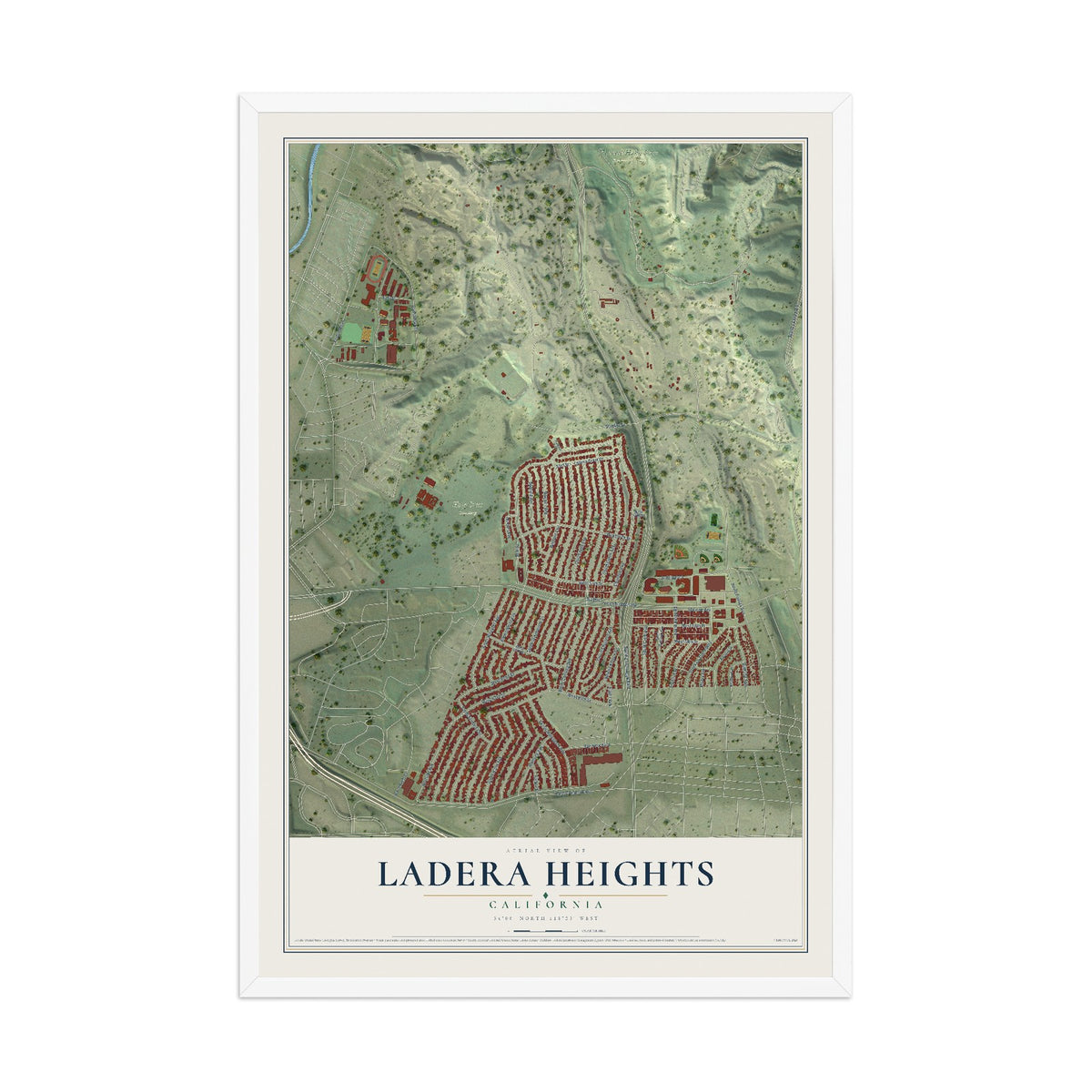 Map of Ladera Heights, California, 12 x 18 inch print in a white wood frame