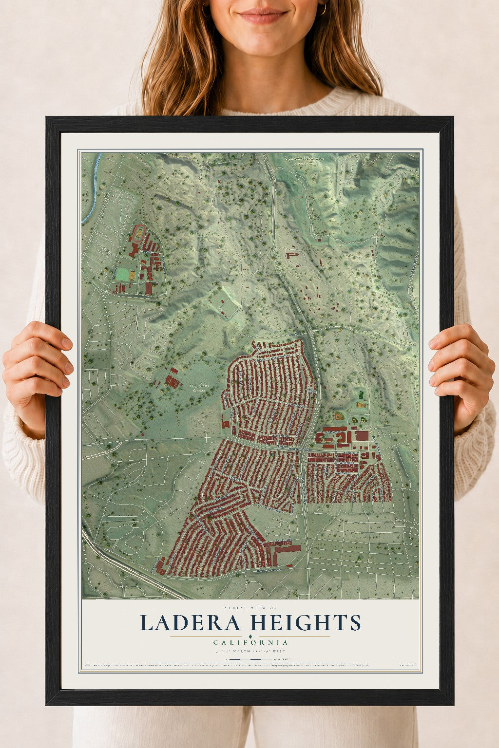 Map of Ladera Heights, California, 18 x 24 inch print in a black wood frame