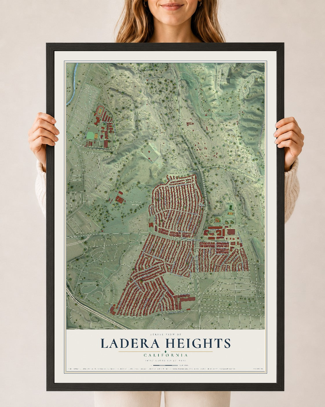 Map of Ladera Heights, California, 24 x 36 inch print in a black wood frame