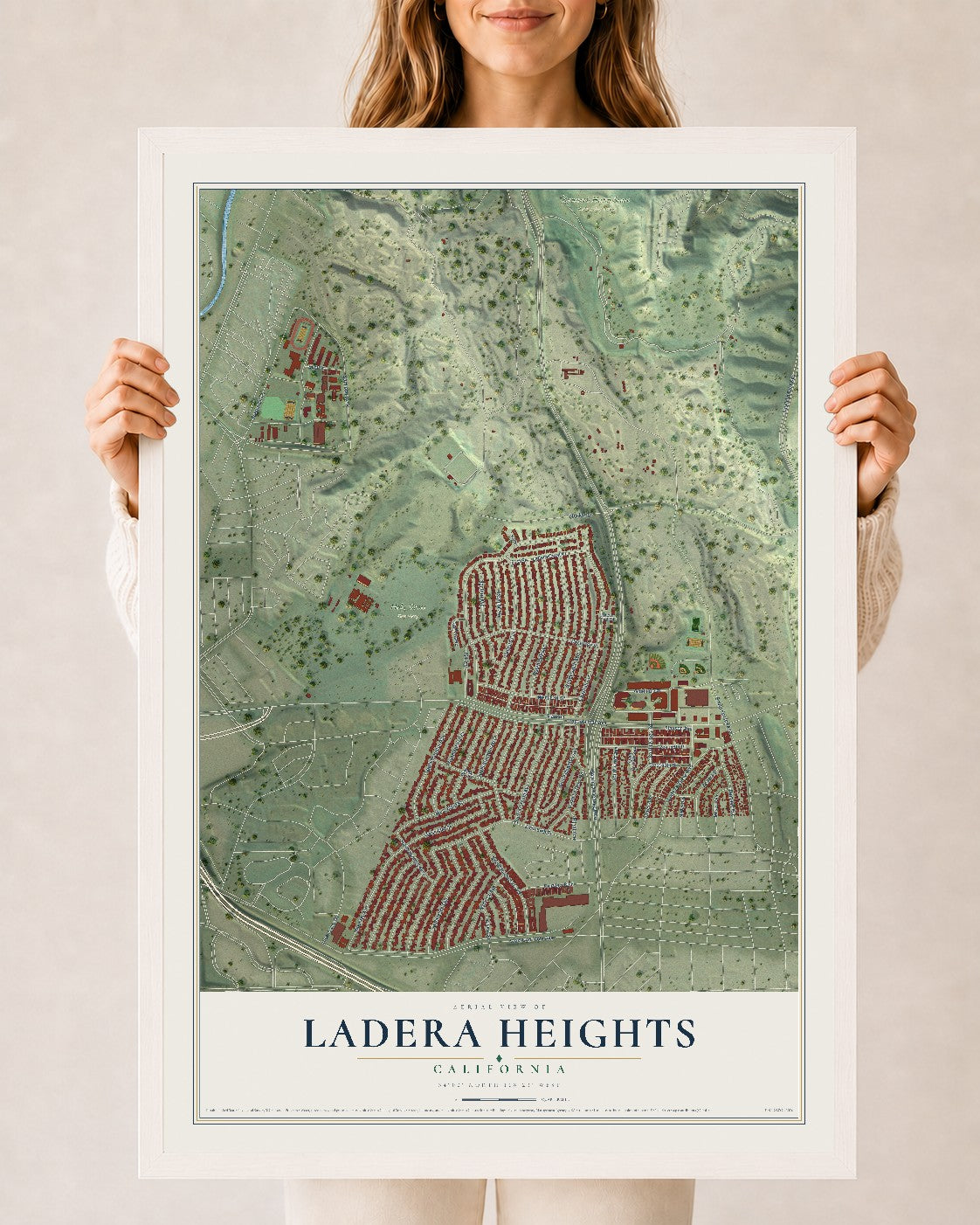 Map of Ladera Heights, California, 24 x 36 inch print in a white wood frame