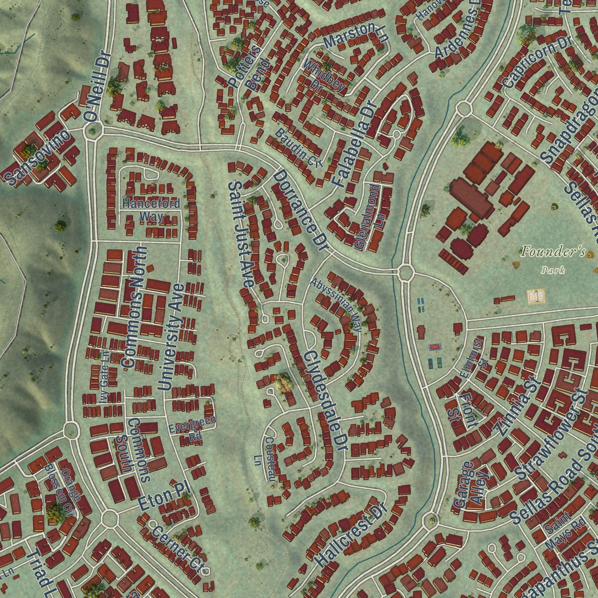 Close-up of the map of Ladera Ranch, California print showing street and building detail